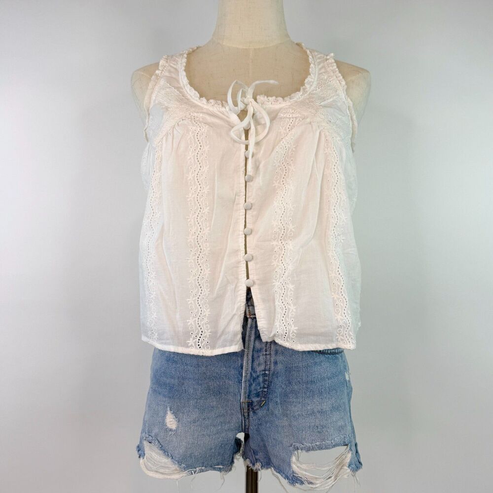White Embroidered Eyelet Tank Top Tie Front Boho Coquette Fairy Whimsy Size M